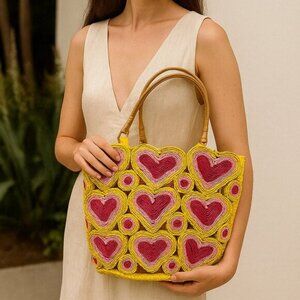 Handwoven Heart Pattern Women's Pink Polka Dot Tote Bag